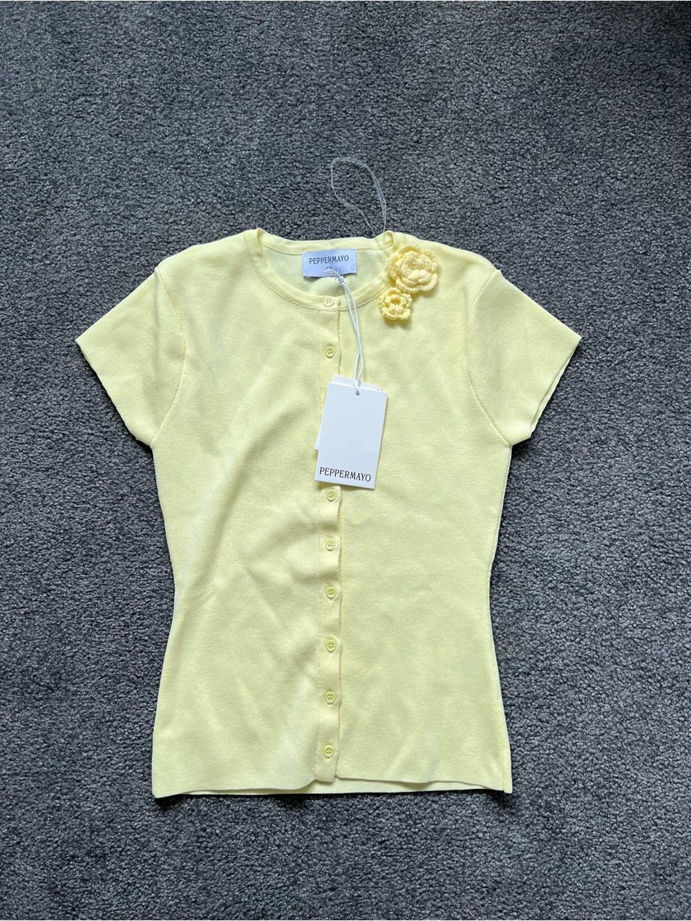 Peppermayo Pale Yellow Short-Sleeve Button Cardigan with Flower Detail